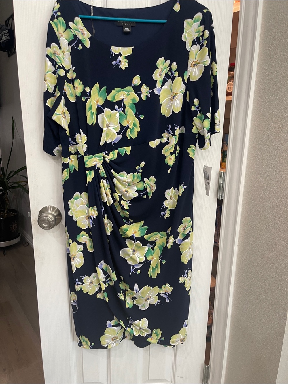 connected apparel Navy Floral Midi Dress with Yellow and Green Blooms